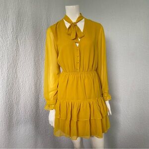 BB Dakota Mustard Long Sleeve Tie-Neck Ruffle Dress